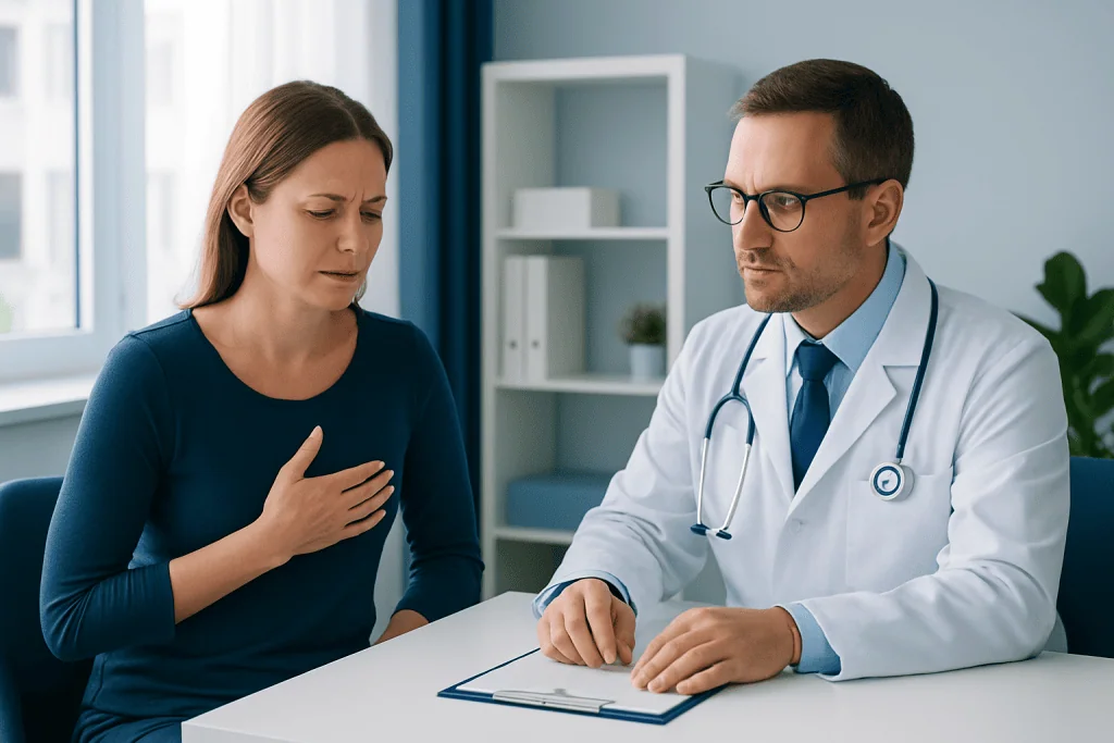 Female patient consulting with doctor about chest pain symptoms.