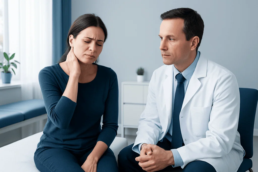 Doctor consulting a woman with neck pain in a medical office.