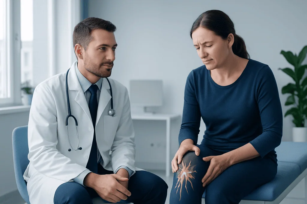 Doctor consulting with woman about knee pain and nerve issues.