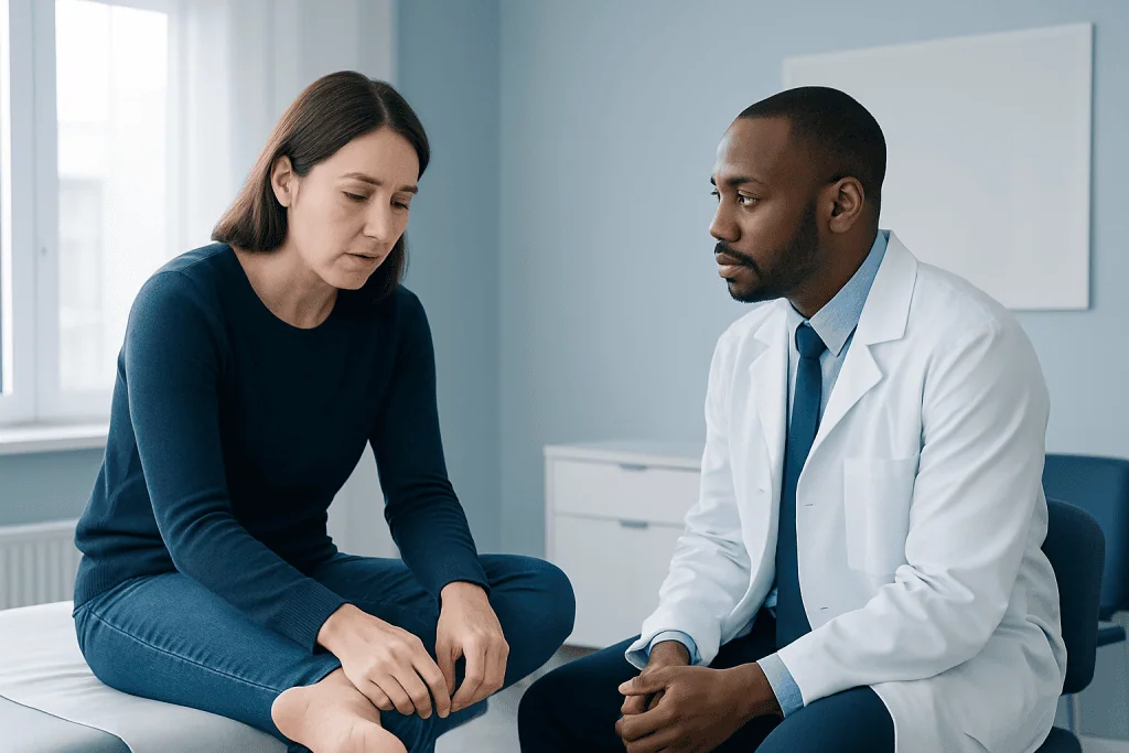 Doctor consulting with a patient about foot health in a clinical setting.
