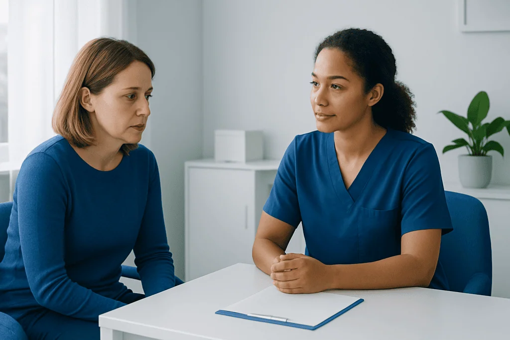 Counselor and patient in therapy session at Acibadem Hospital.