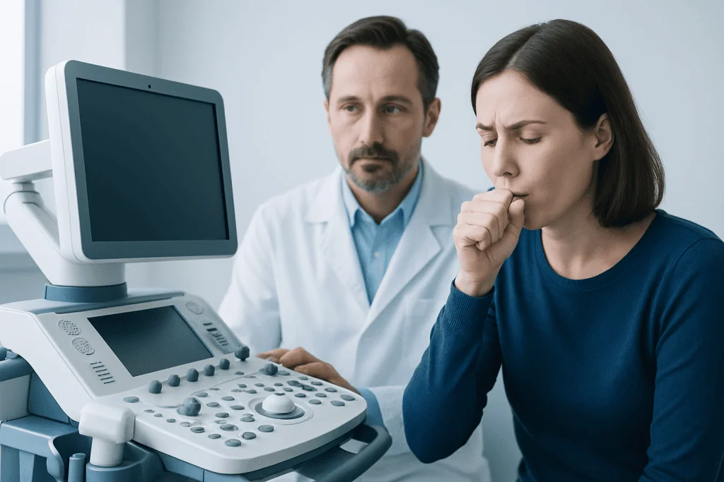 Woman experiencing cough during medical examination at Acibadem Hospital.