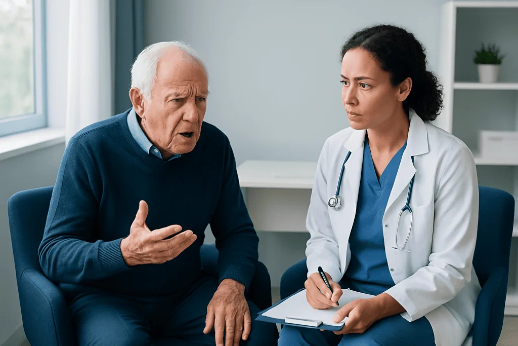Elderly man discussing health concerns with a female doctor in a clinic.