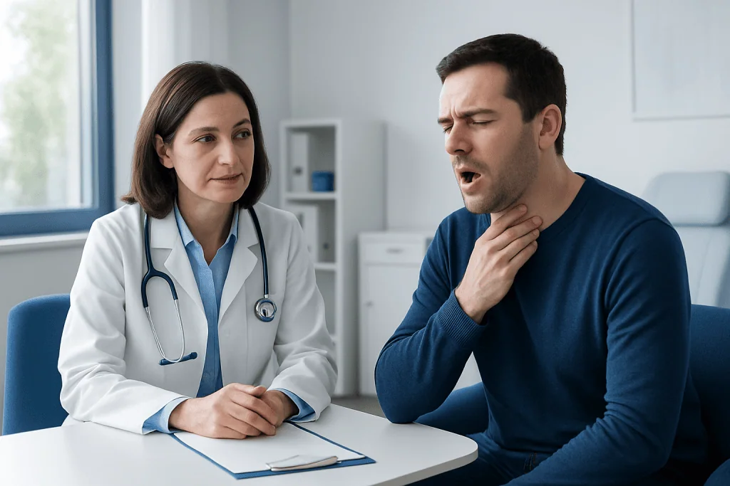 Doctor examining a patient with sore throat in a clinic setting.