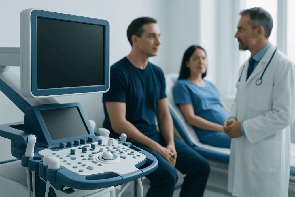 Doctor consulting with patients in a hospital setting with ultrasound equipment.