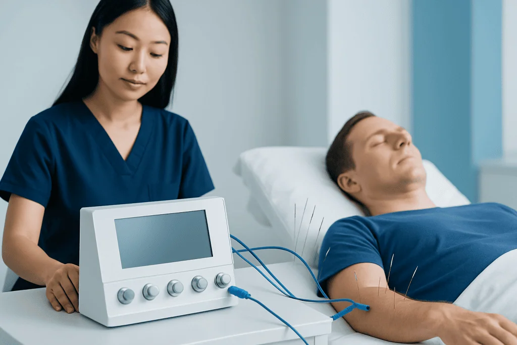 Acupuncture therapy being performed on a patient in a hospital setting.