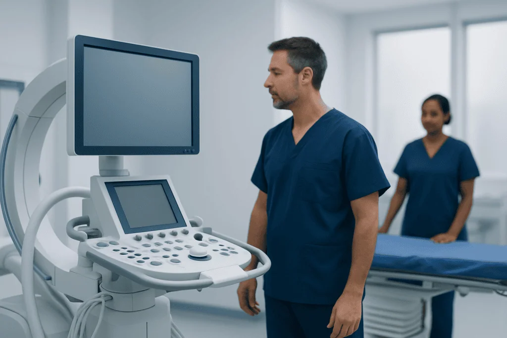 Medical professionals in a hospital room with ultrasound equipment.