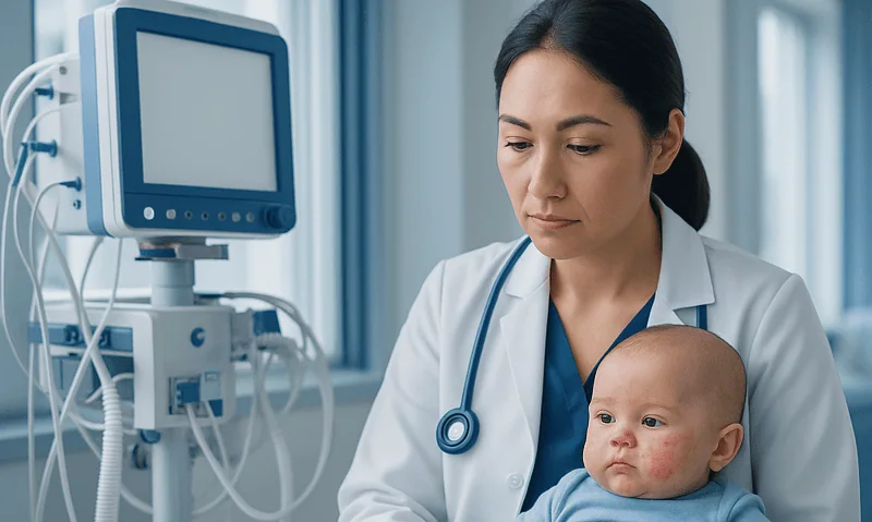 Pediatrician examining a baby in a hospital setting with medical equipment nearby.