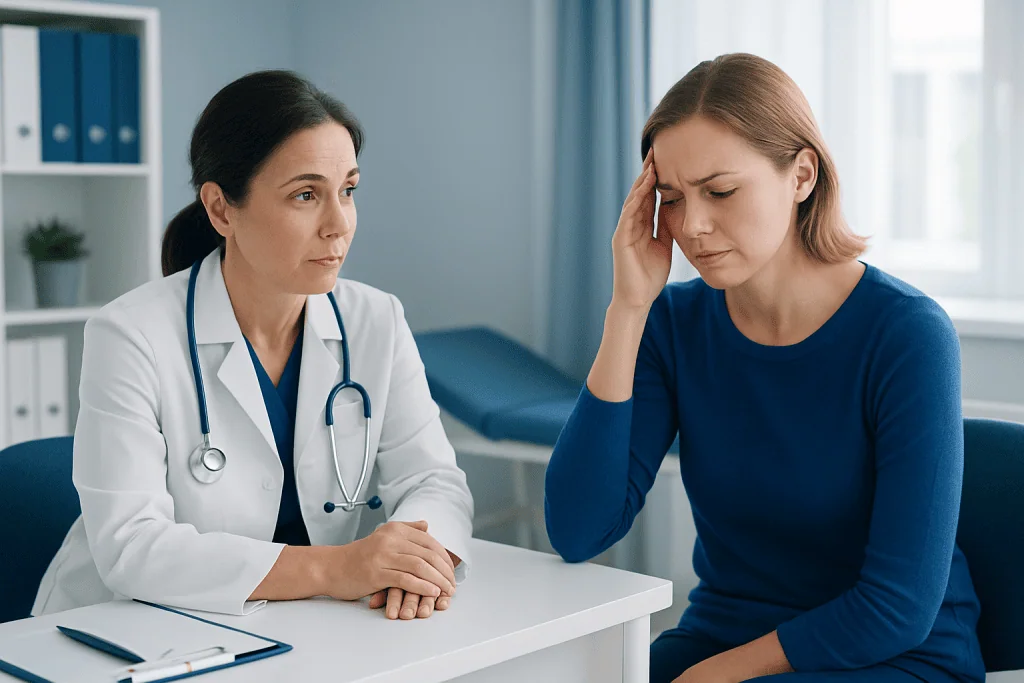 Doctor consulting with a woman experiencing headache symptoms in a clinic.