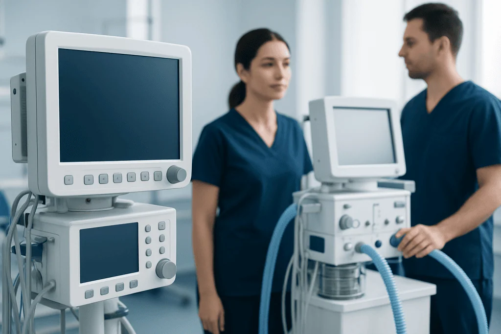 Medical professionals using ventilator and monitoring equipment in hospital.