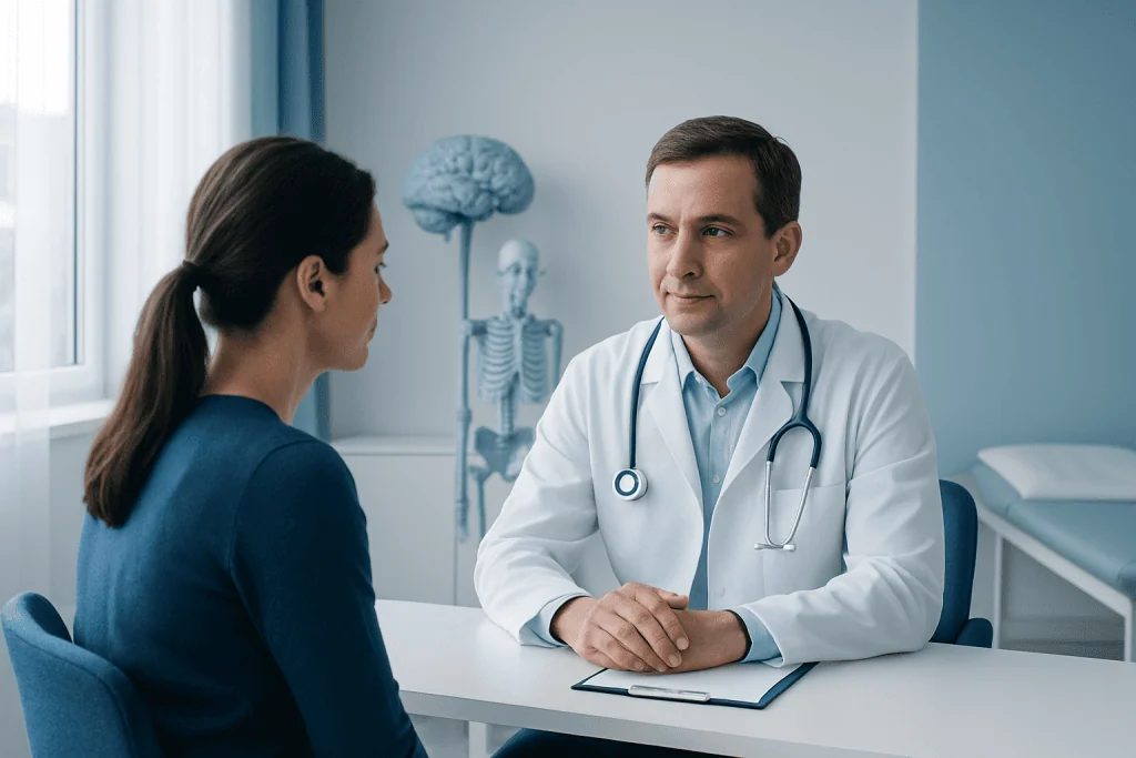 Doctor consulting with a patient in a medical office with anatomical models in the background.