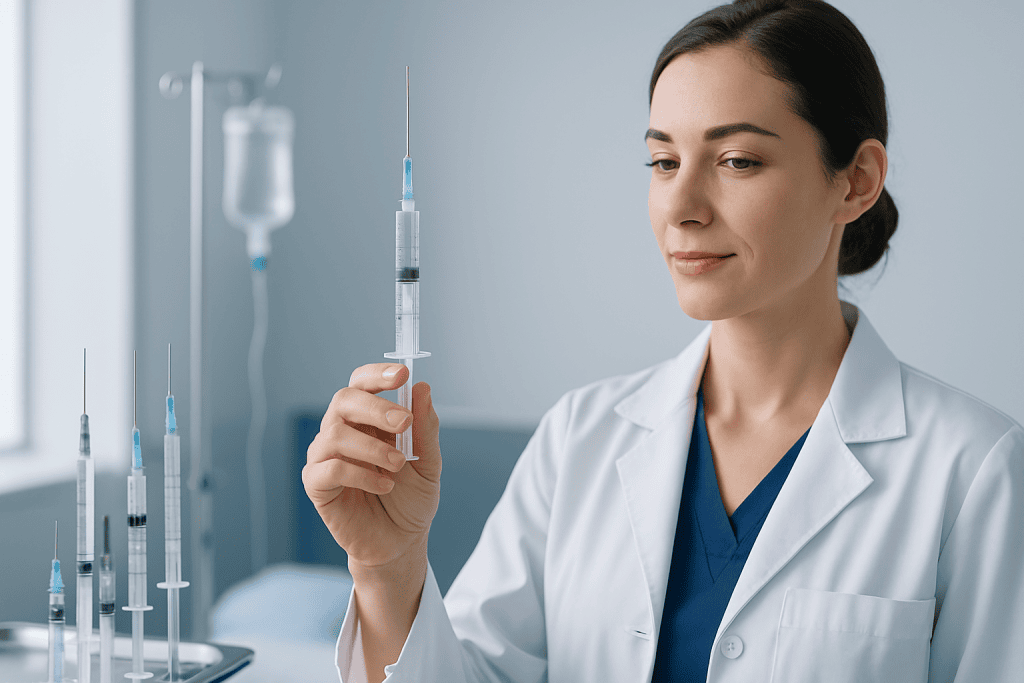 Female healthcare professional preparing a syringe in a medical setting.