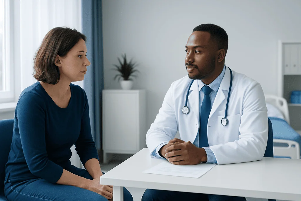 Doctor consulting with a female patient in a modern hospital room.