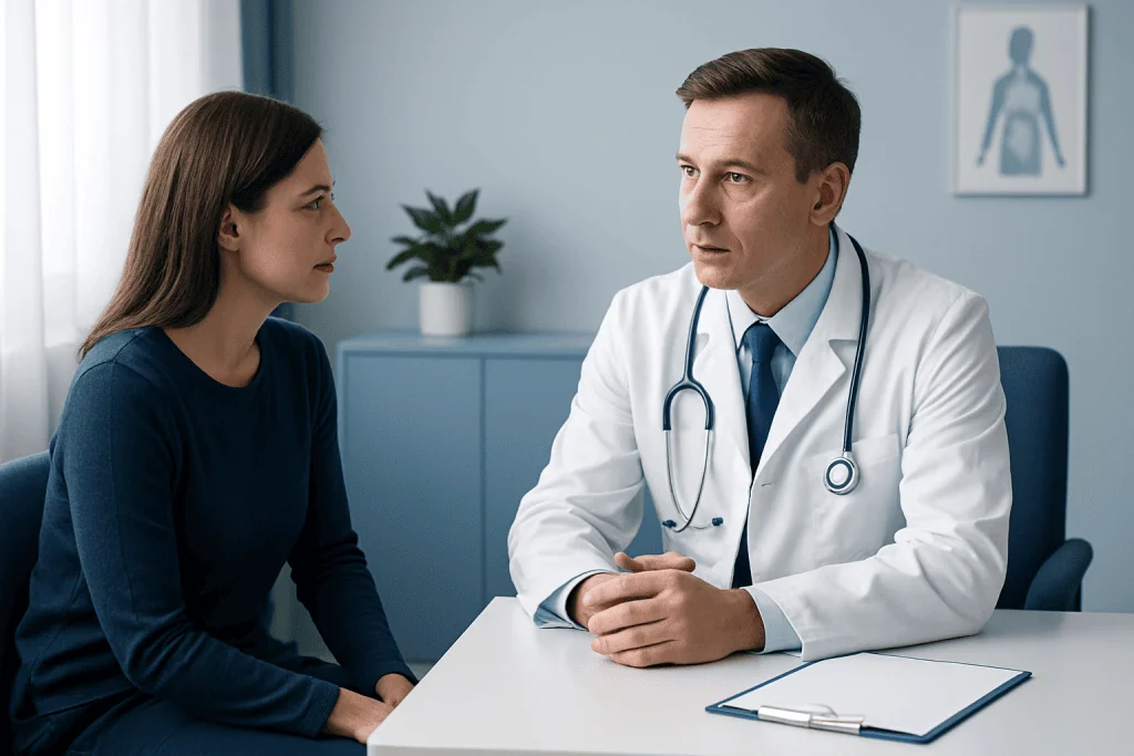 Doctor consulting with a female patient in a medical office.