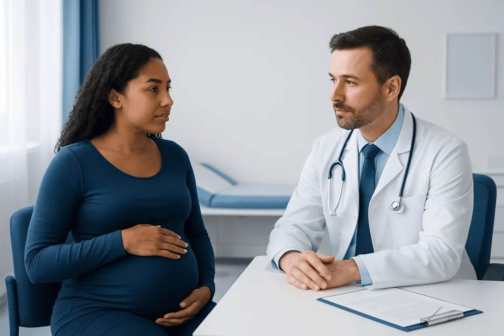 Doctor consulting pregnant woman in a hospital room.