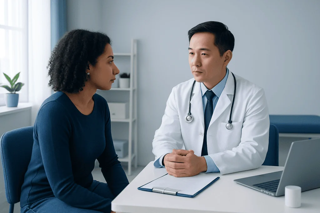 Doctor consulting with a patient in a modern medical office setting.
