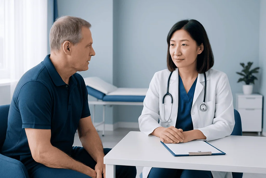Doctor consulting with a male patient in a medical office setting.