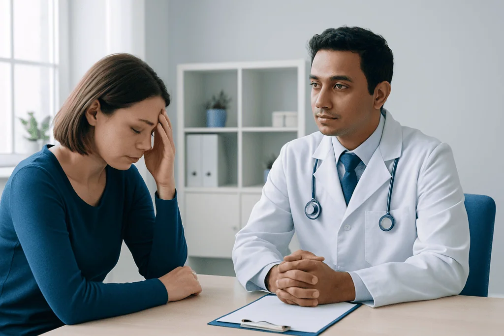 Doctor consulting with a patient about medication side effects.