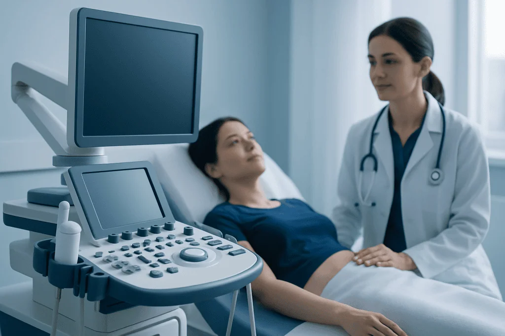 Doctor performing an ultrasound examination on a patient in a hospital room.