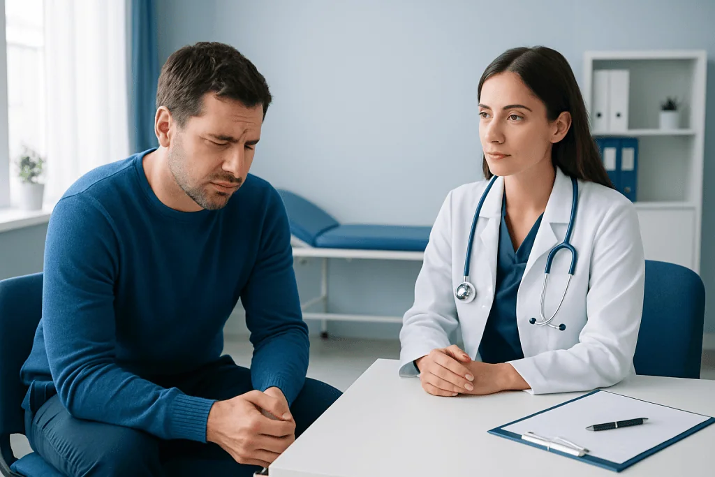 Doctor consulting with a male patient in a medical office.