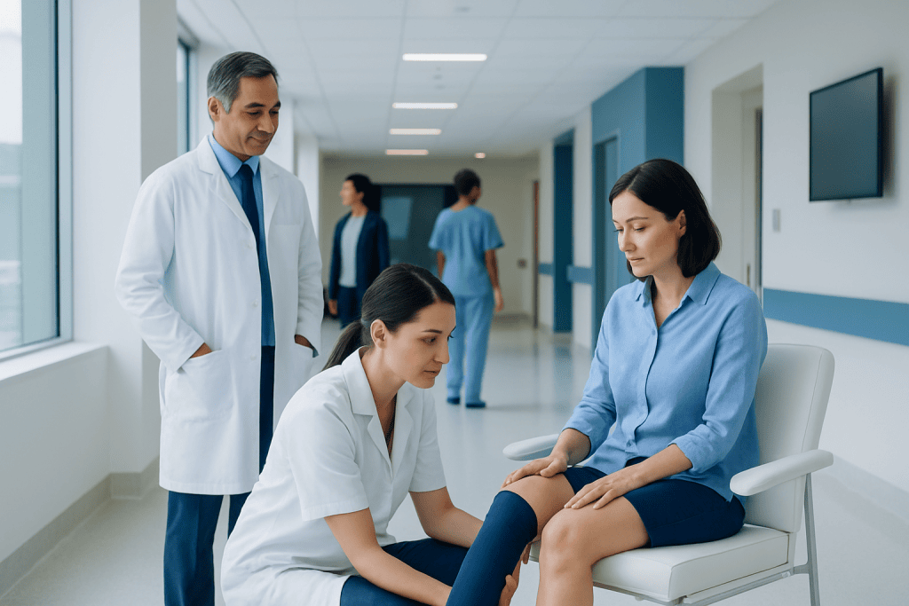 Compression Therapy: Symptoms, Causes, and Treatment Options 1 Doctor examining patient's leg in a hospital corridor.