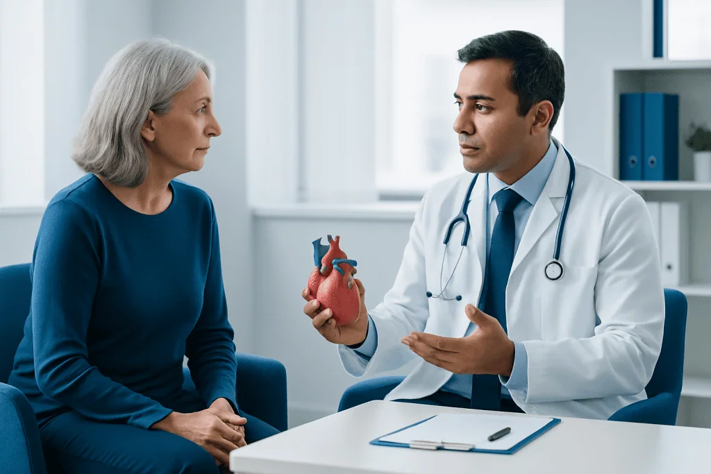 Cardiologist explaining heart health to an elderly woman in a clinic setting.