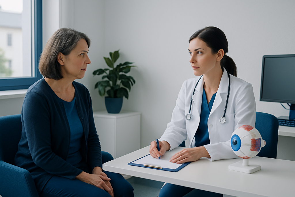 Ophthalmologist consulting with a patient about eye health in a modern clinic.