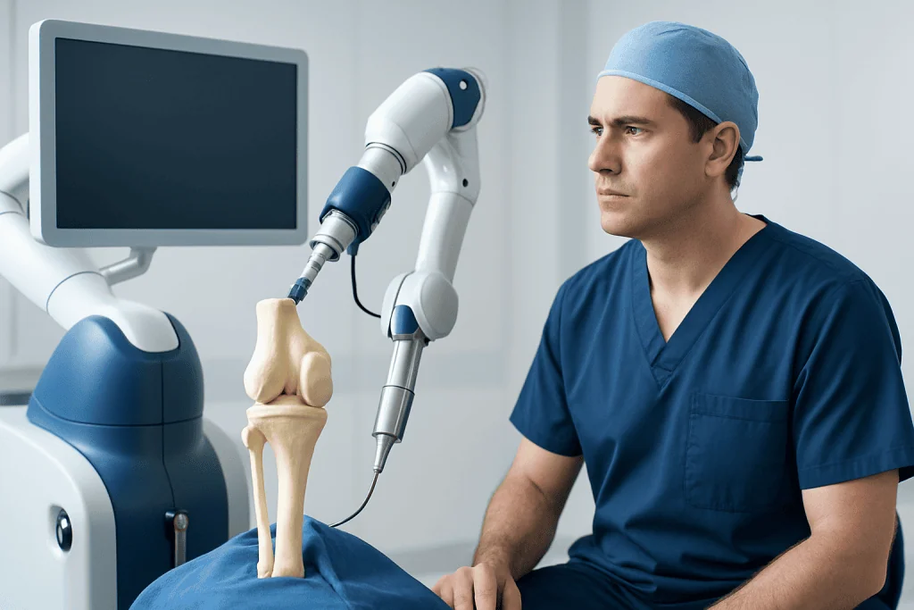 Orthopedic surgeon performing knee surgery with robotic assistance at Acibadem Hospital.