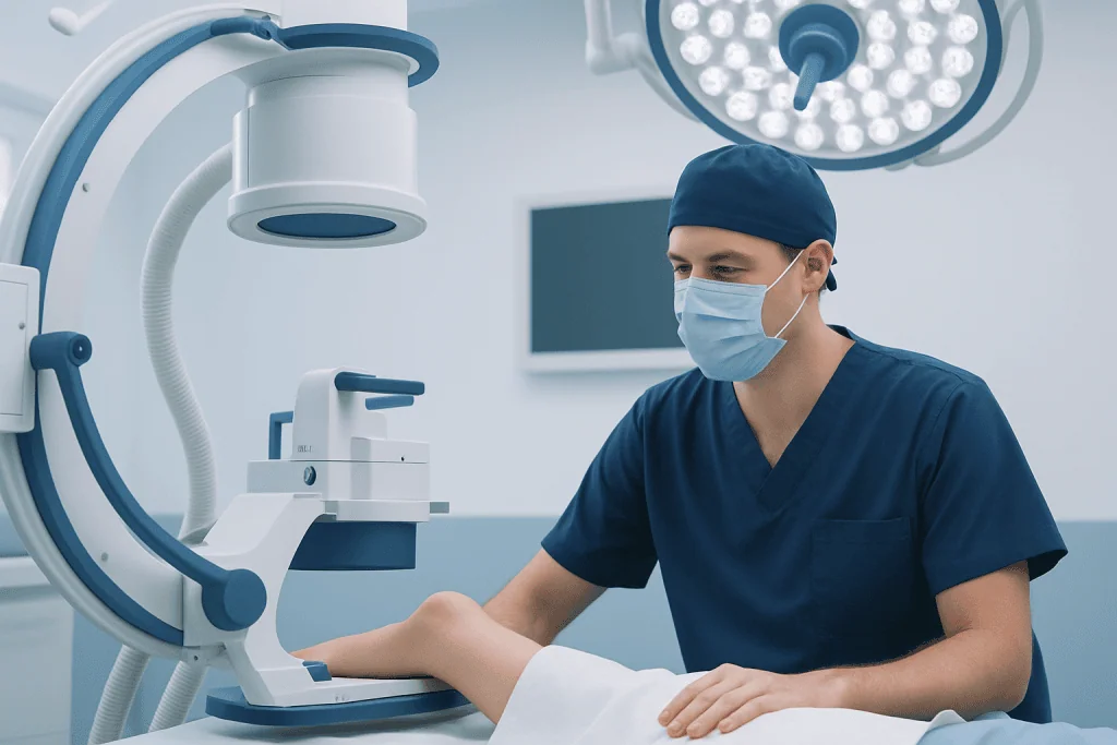 Pediatric orthopedic surgeon performing a procedure in an operating room.