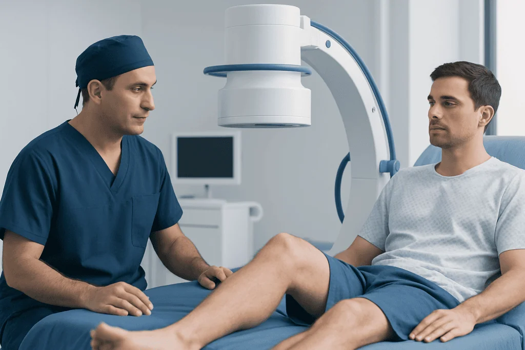 Orthopedic surgeon consulting with patient during medical examination at hospital.
