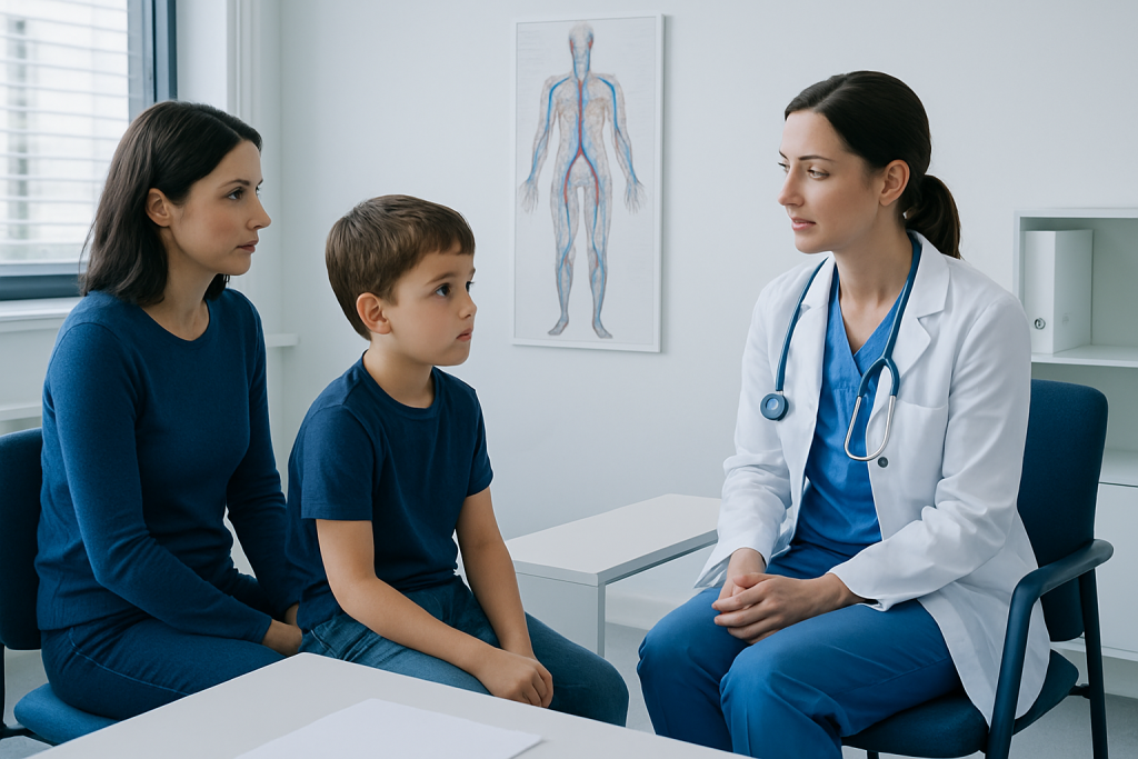 Pediatric vascular consultation with doctor and young patient in clinic.