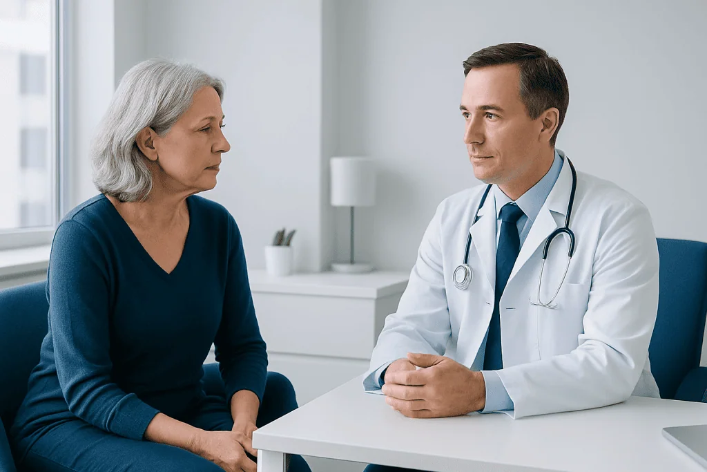 Doctor consulting with an elderly woman in a medical office.