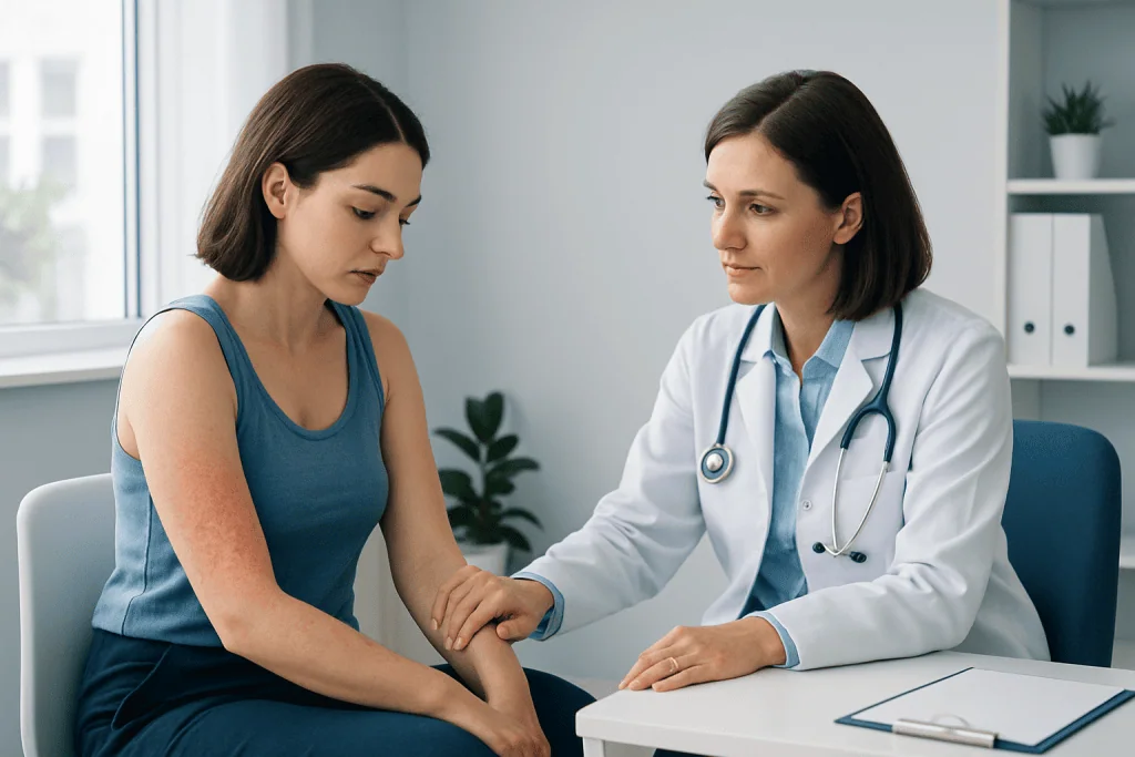 Doctor examining patient's arm for autoimmune rash symptoms.