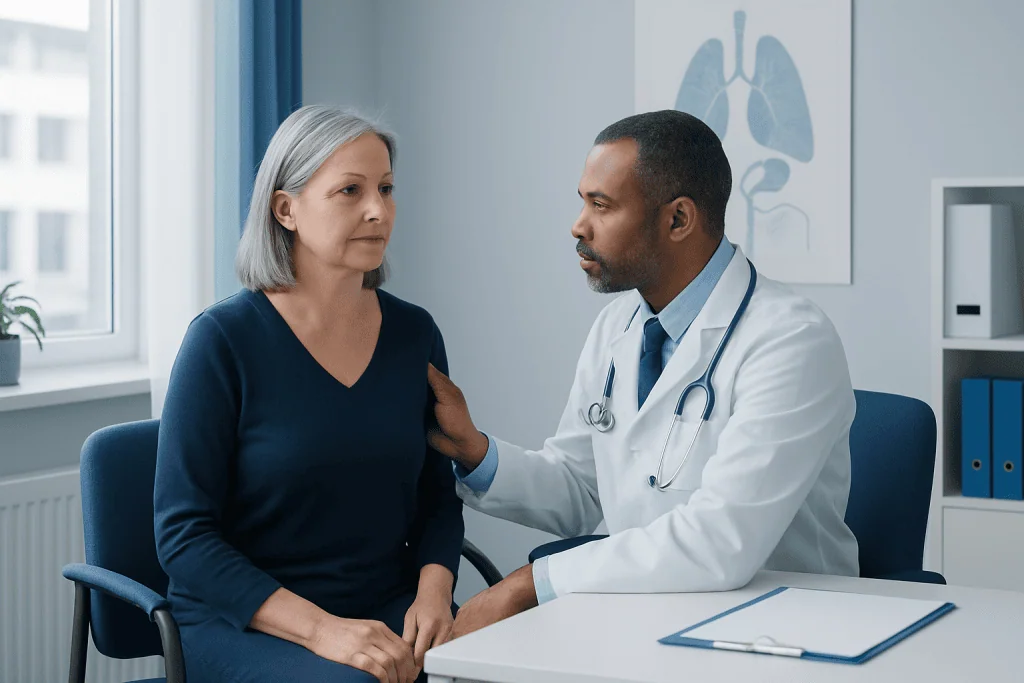 Doctor consulting with a female patient in a medical office.