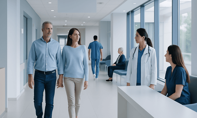 Patients and doctor in a modern hospital corridor.