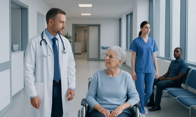 Congestive Heart Failure Treatment: How It Works, Results and What to Expect 6 Doctor consulting elderly patient in hospital corridor with nurses nearby.