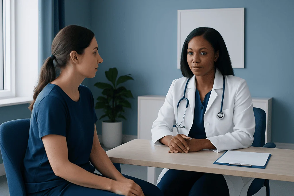 Doctor consulting with a patient in a modern medical office setting.