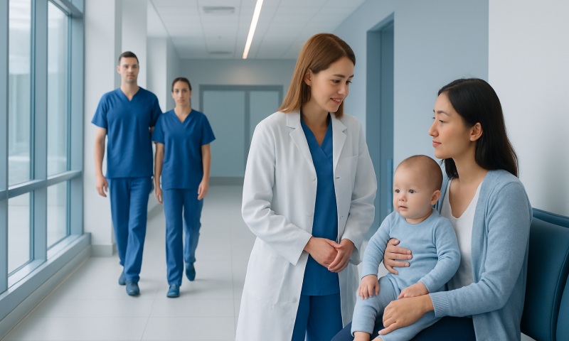 Pediatric consultation at Acibadem Hospital with doctor and mother with child.