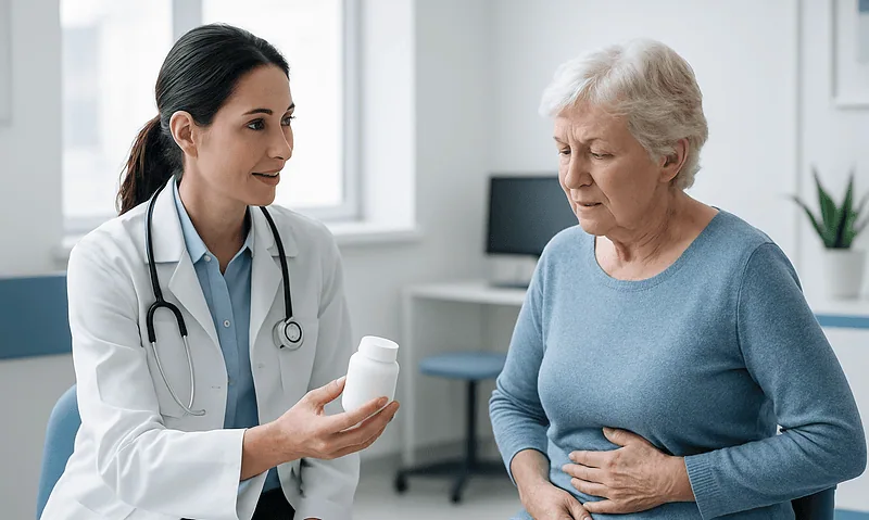 Doctor explaining medication to elderly woman in clinic setting.