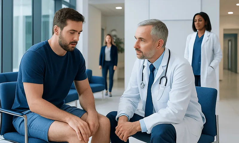 Doctor consulting with a young male patient in a hospital corridor.