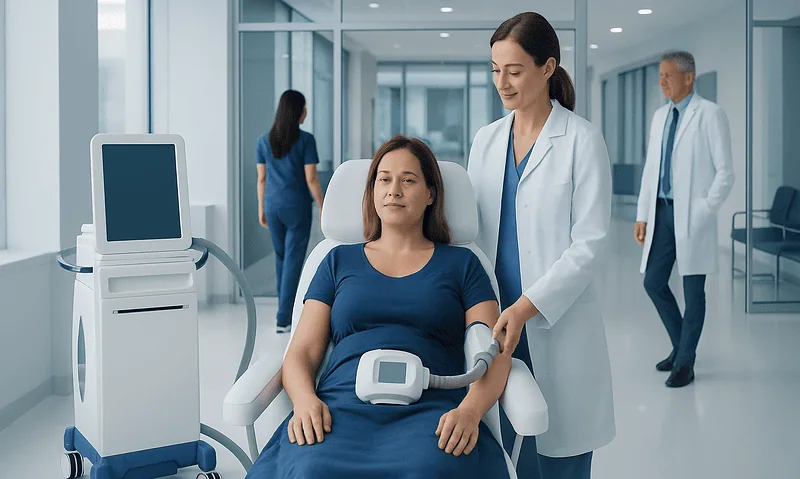 Medical professional preparing patient for CoolSculpting procedure at hospital.