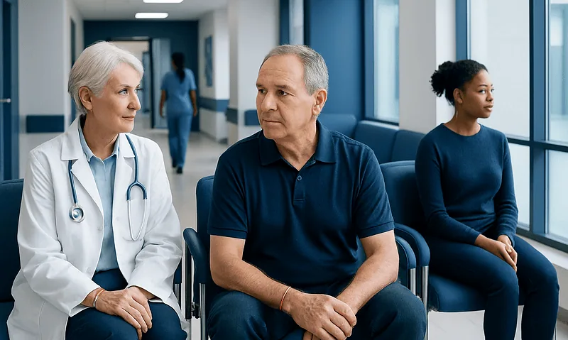 Patients waiting in a hospital corridor at Acibadem Hospitals Group.