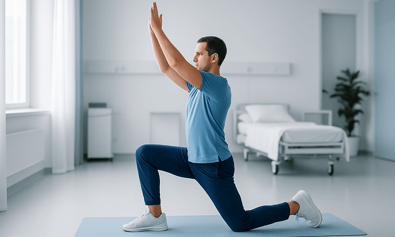 Man performing yoga lunge pose in a bright hospital room.
