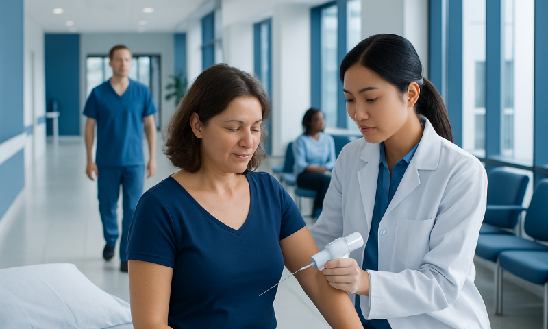 Healthcare professional performs a medical check on a patient in a hospital corridor.