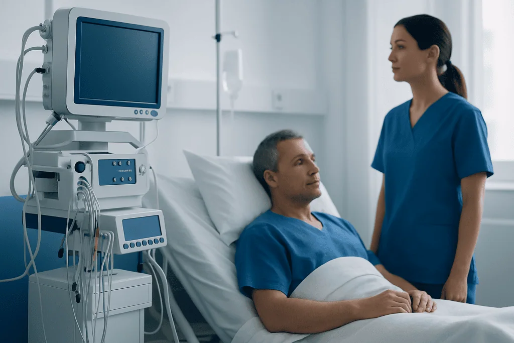 Hospital patient with medical staff in a clinical setting.