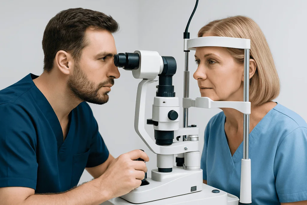 Eye examination using slit lamp at Acibadem Hospital.