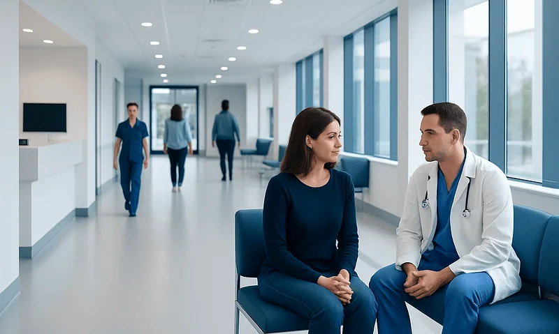 Doctor consulting with a patient in a modern hospital corridor.