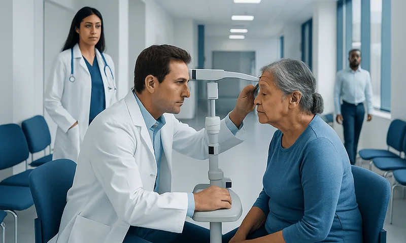 Ophthalmologist examines elderly woman's eye in a hospital setting.