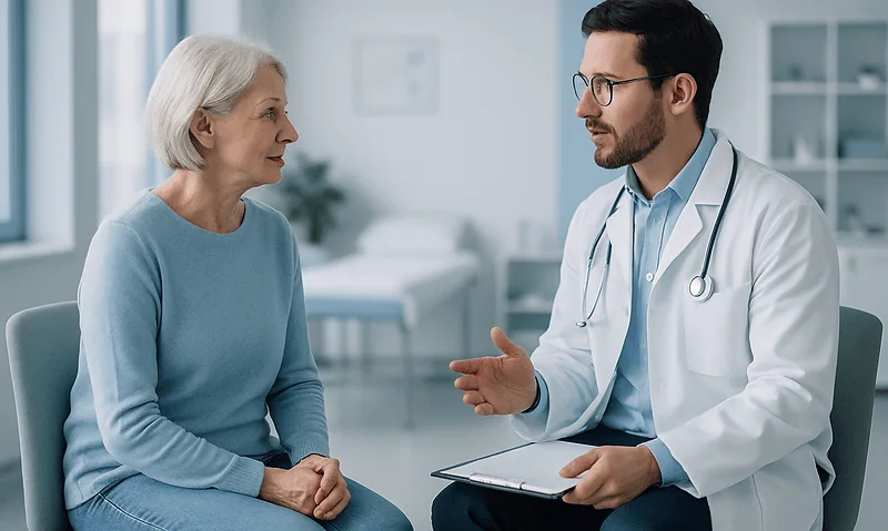 Doctor consulting with elderly woman in hospital room.