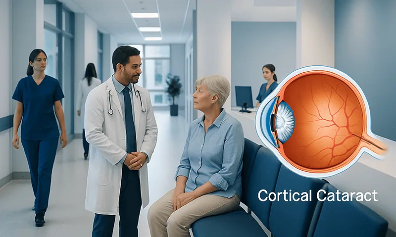 Doctor consulting with elderly patient about cortical cataract in hospital corridor.